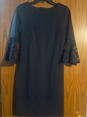 Sharagano Navy Midi Dress with Lace Bell Sleeves